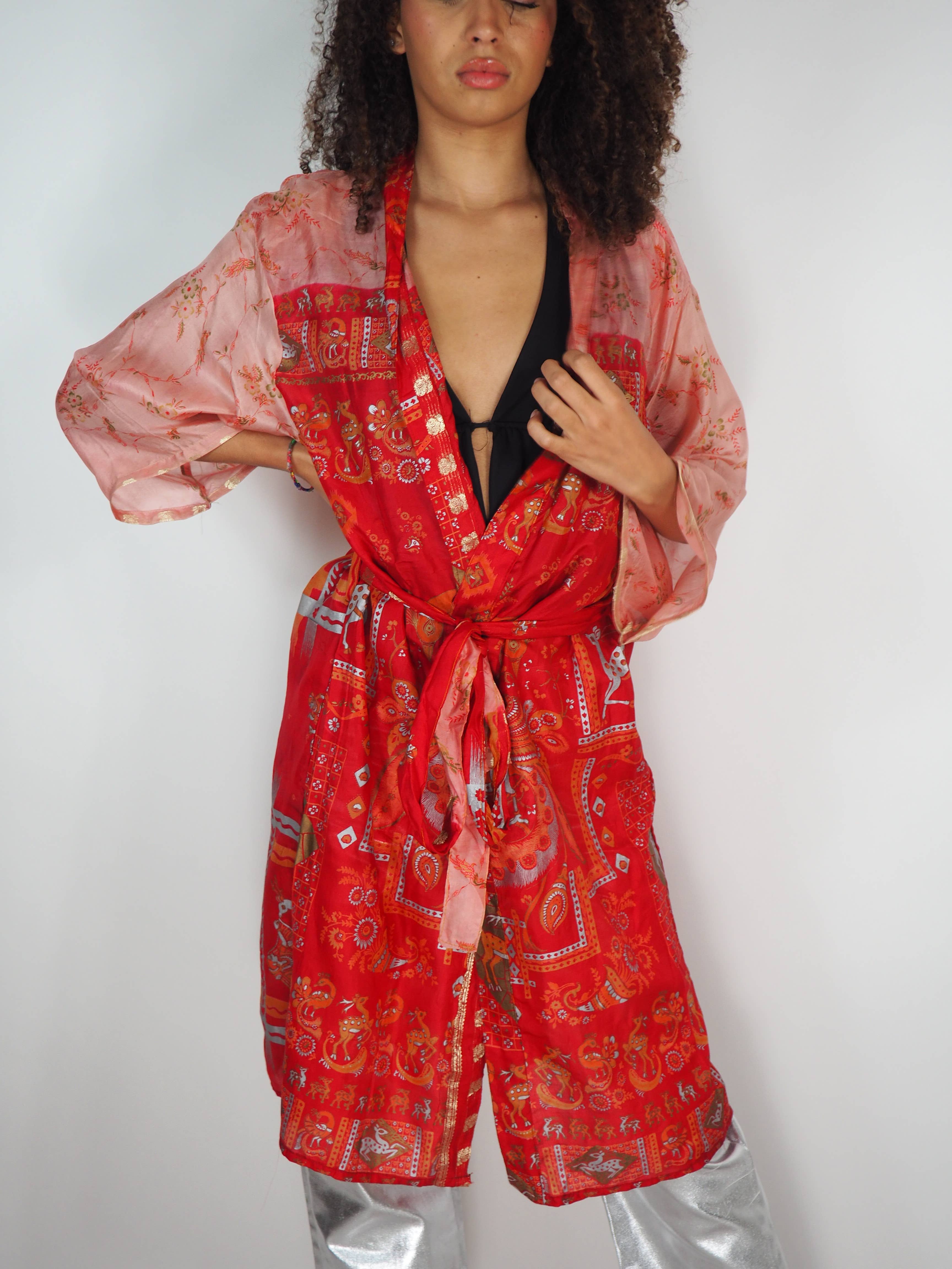 Vagabond Ibiza - Wholesale Kimono - Women's - The Kardash Kimono Mid-Length – Upcycled Vintage Sari Kimono12