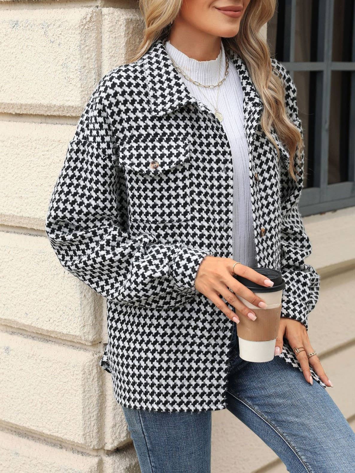 HIDDENBRAND - Wholesale Jacket - Women's - Classic Houndstooth Loose Lapel Jacket5