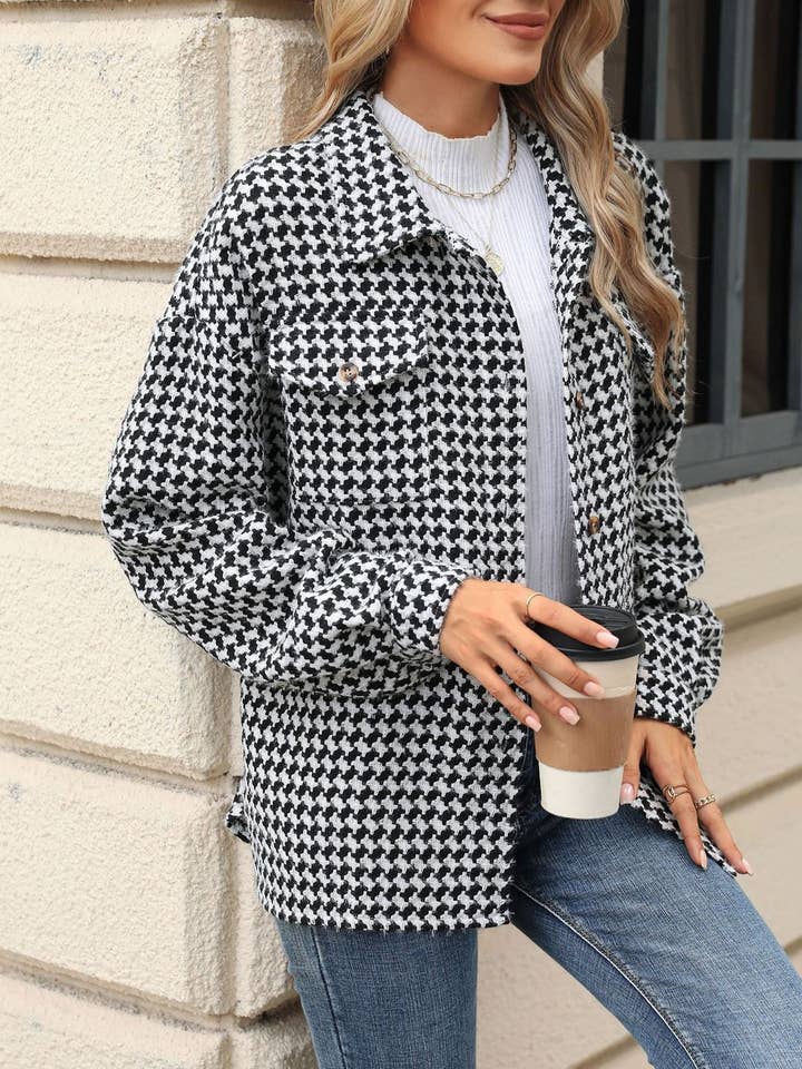 HIDDENBRAND - Wholesale Jacket - Women's - Classic Houndstooth Loose Lapel Jacket5