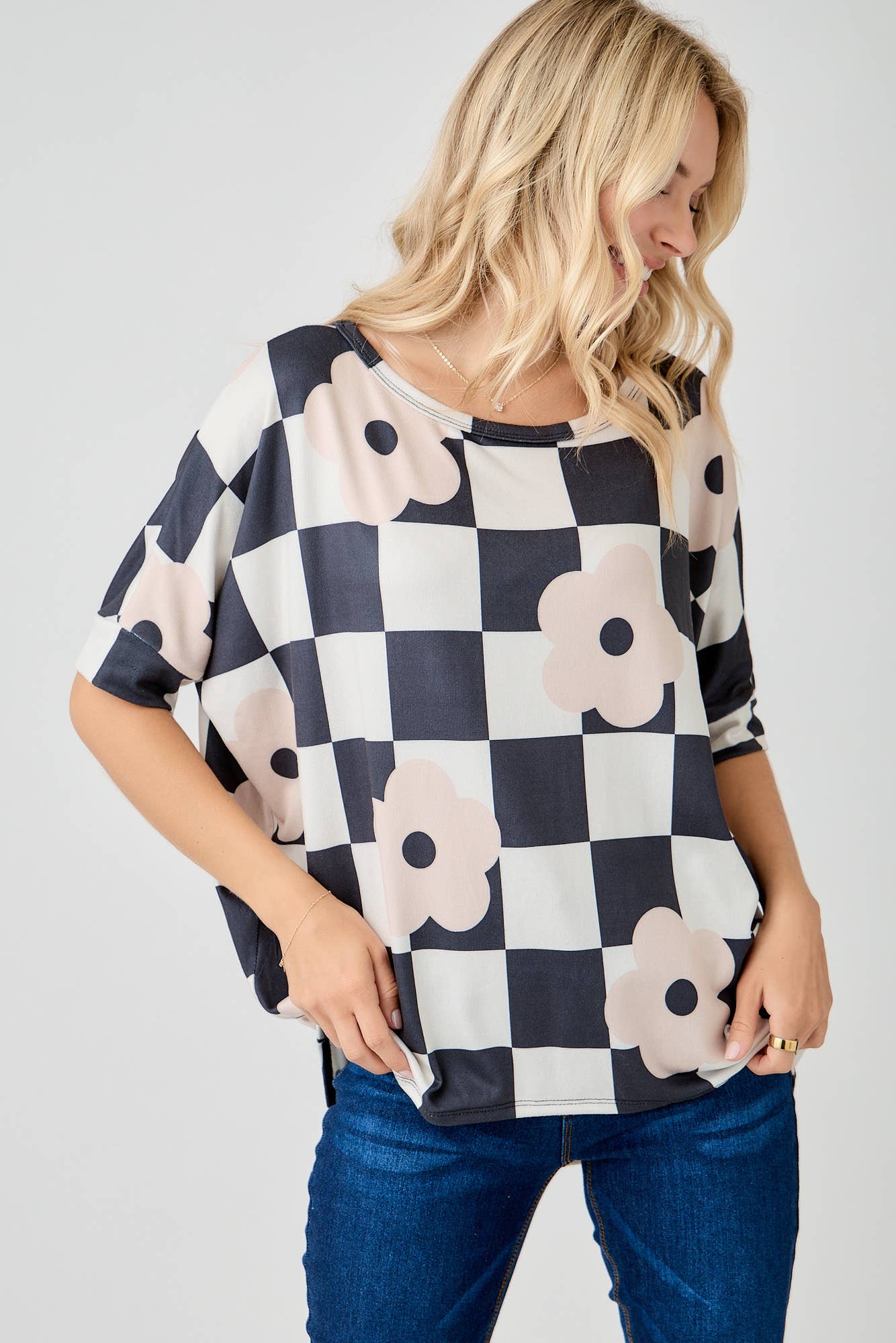 Celeste Clothing - Wholesale Tunic - Women's - WOMEN'S PLUS SIZE CHECKERED FLORAL TOP WITH HIGH-LOW HEM