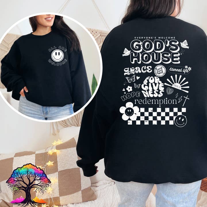 Christian Apparel-Gods House- Sweatshirt Style for wholesale by Honey & Haven