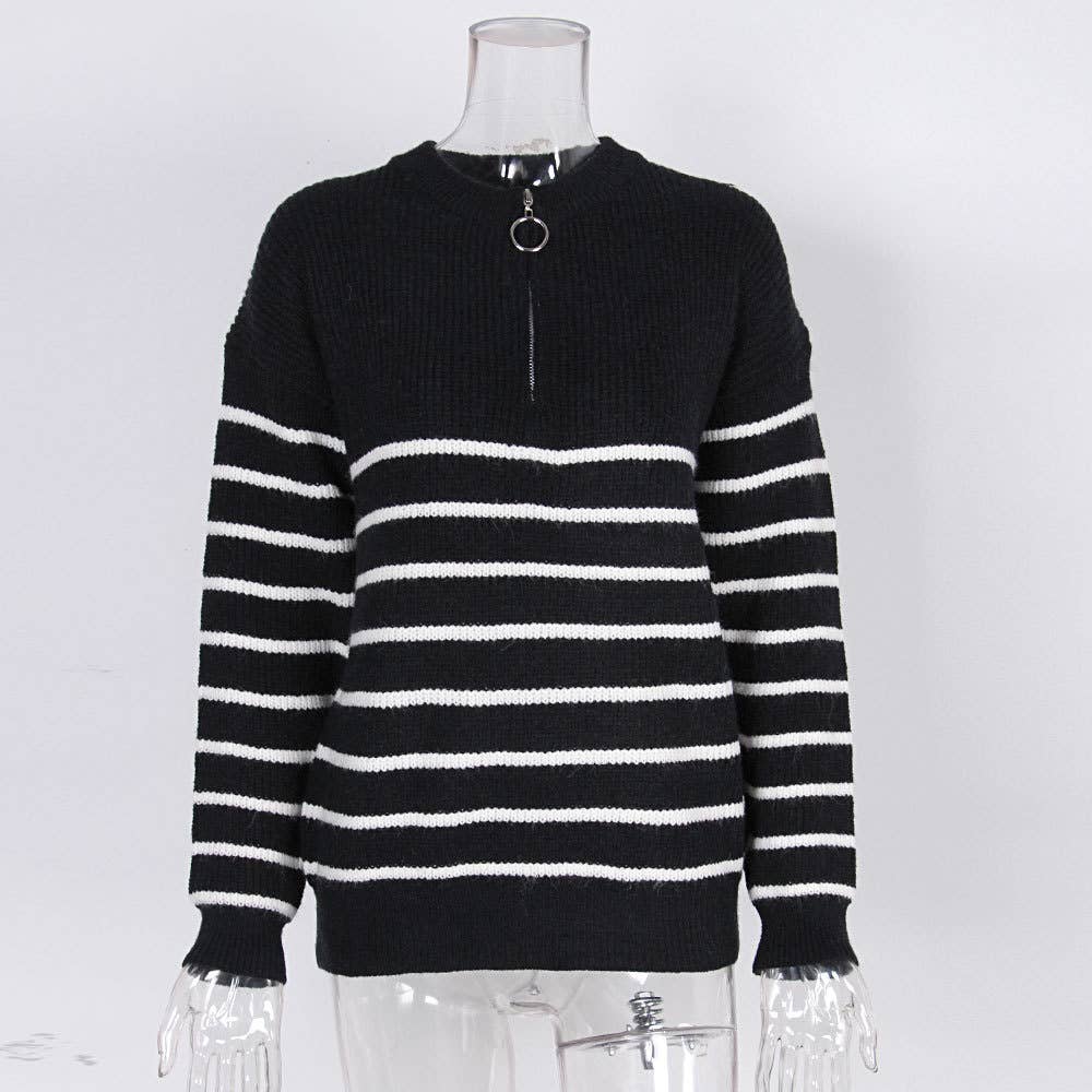 HIDDENBRAND - Wholesale Knit Sweater - Women's - High-Necked Striped Color-Blocked Zip-Up Sweater3