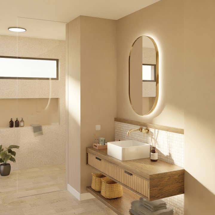 Oval Gold Mirror With Push Button LED Light 100*60 Cm and other Purchase Wholesale espejos. Free Returns & Net 60 Terms on Faire trending on Faire.