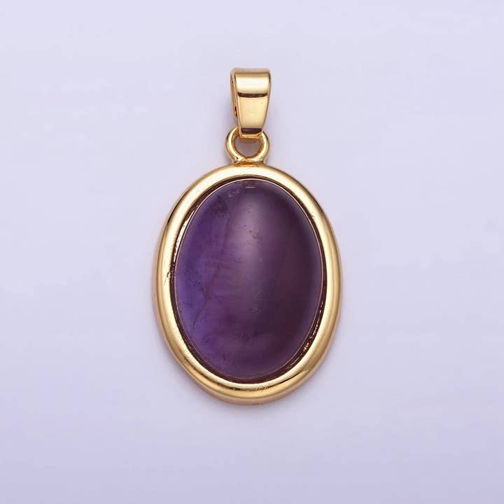16K Gold Filled 30mm Purple Amethyst Natural Gemstone Oval Cabochon Pendant | AA437 for wholesale by Aim Eternal