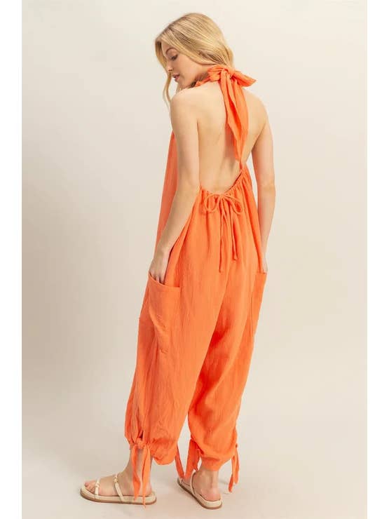BJ's Closets - Wholesale Jumpsuit - Women's - Cotton Halter Open Back With Drawstring Tie Wide Leg Loose 2