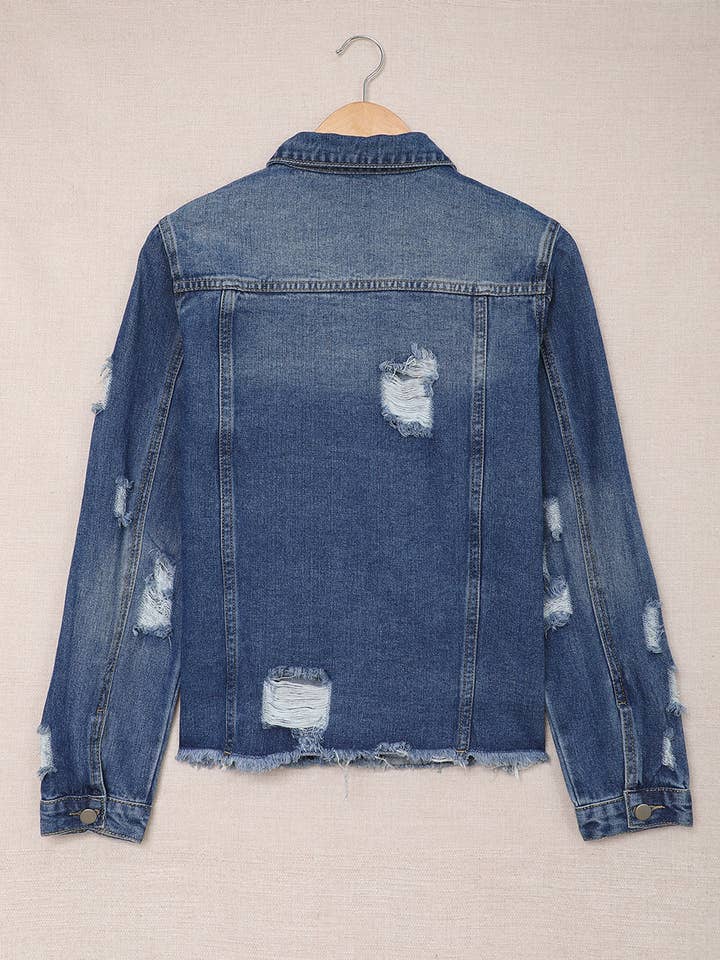Blue Lapel Distressed Raw Hem Buttons Denim Jacket for wholesale on Faire7