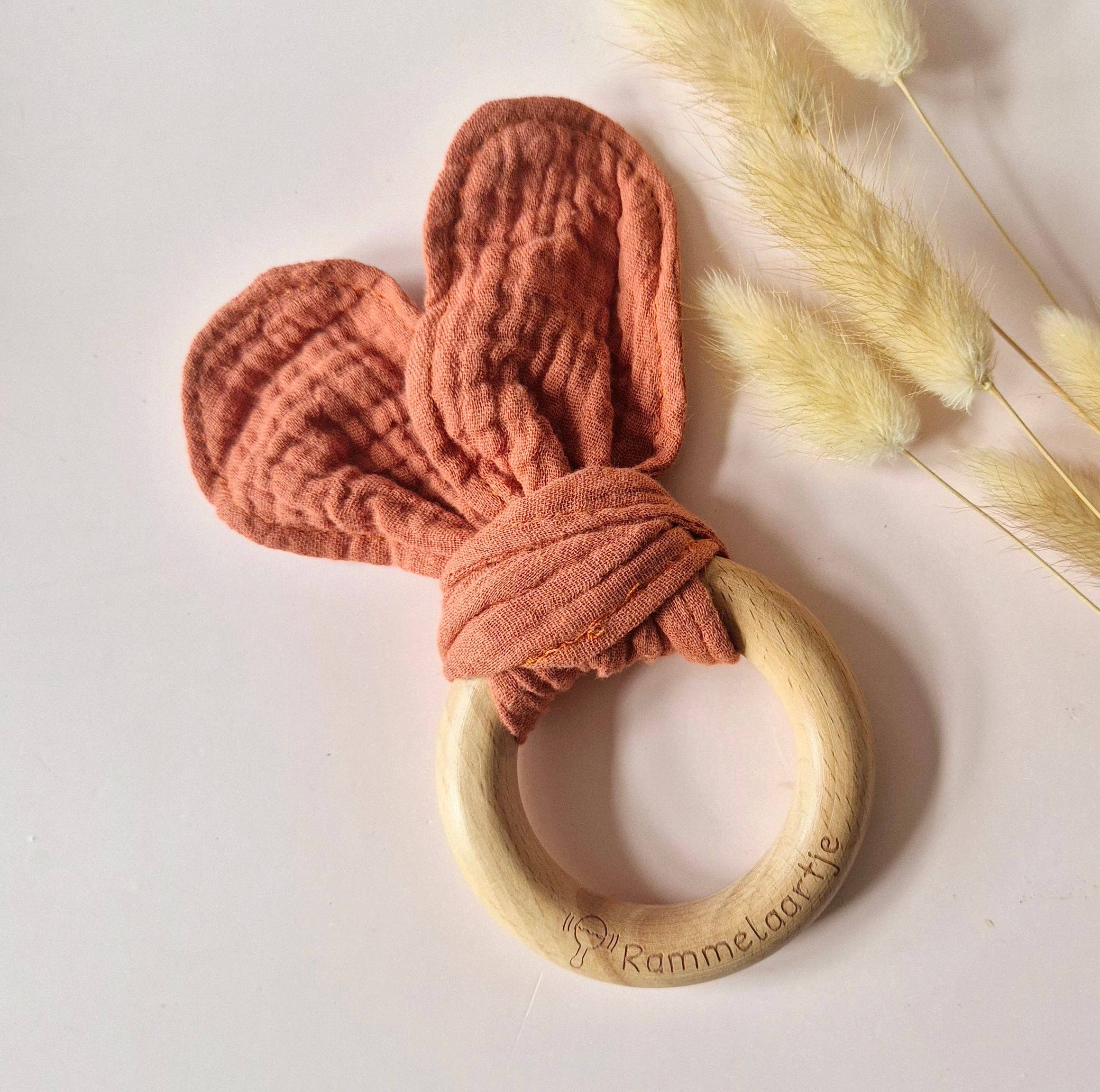 Rammelaartje - Wholesale Teether (Not Clip-On) - Baby - Wooden teething ring with soft bunny ears 15cm - Rust0