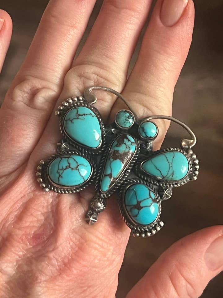 Bague Papillon en Argent Sterling Apache et Turquoise Égyptienne par Rosella Paxson, Taille 9 pour la vente par Nizhonitradersllc