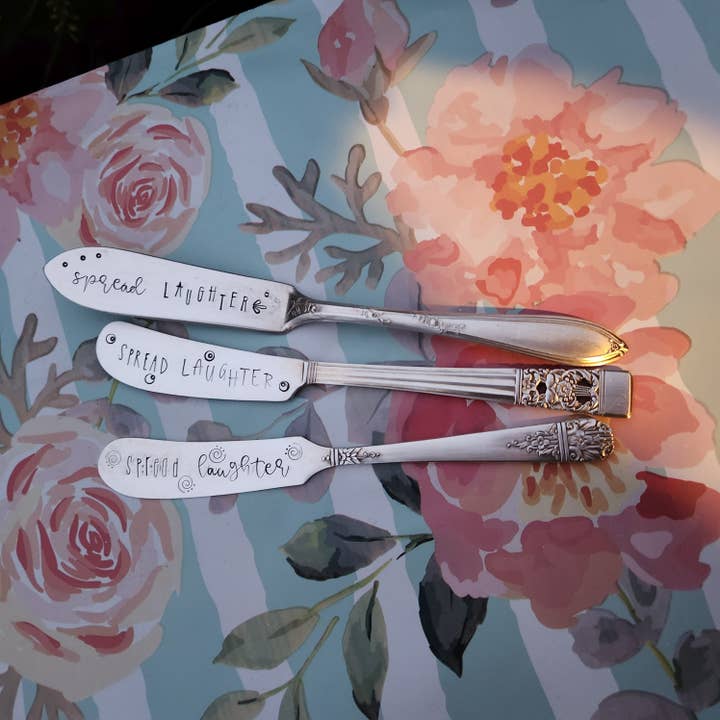 juNxtaposition® - Wholesale Cheese Spreader - SPREAD LAUGHTER hand stamped charcuterie knife spreader3