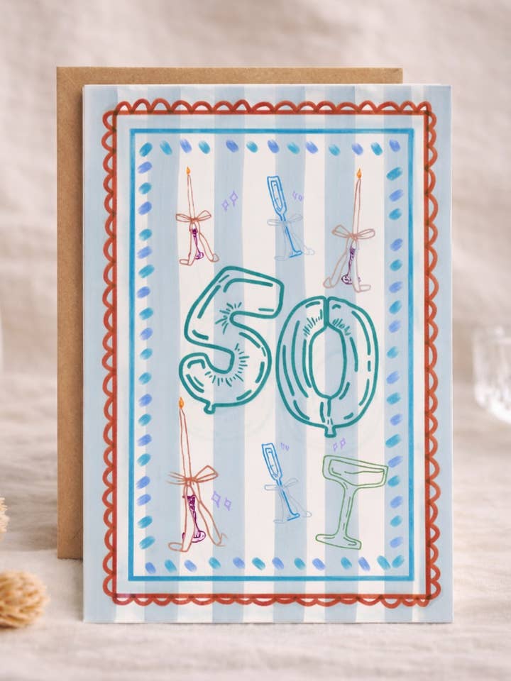 Milestone 50th Striped Illustration Greeting Card for wholesale by Crumpet Prints