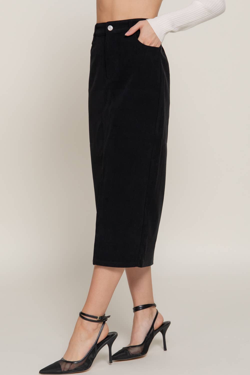 Active Basic | Active USA - Wholesale Skirt - Women's - Waist Band Front Open Slit Corduroy Midi Skirt2