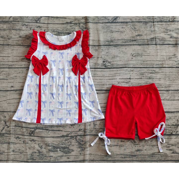 Aier Wholesale - Wholesale Top & Short Set - Kids - Baby Girls Red Blue Bows Flags Tunic Ruffle Shorts 4th Of July Set