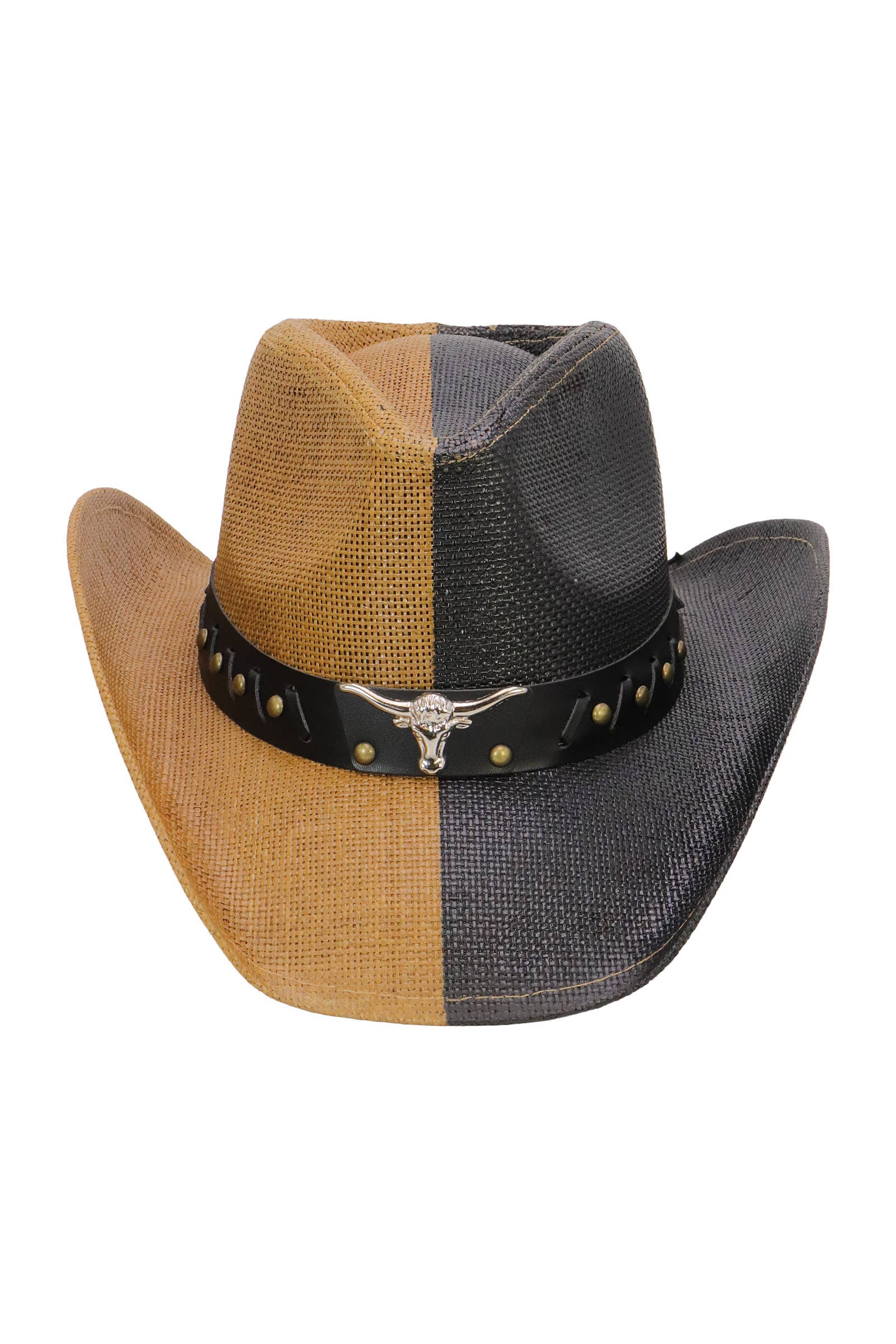 TAN/SORT Cap Zone split-farvet cowboystrohat med Longhorn-bælteemblem for engroshandel på Faire5