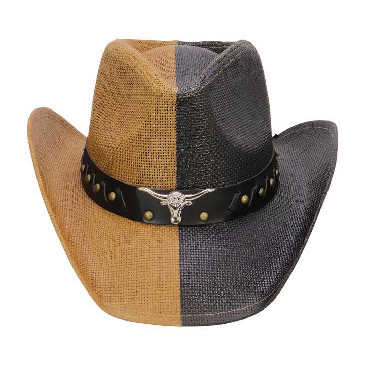 TAN/SORT Cap Zone split-farvet cowboystrohat med Longhorn-bælteemblem for engroshandel på Faire5