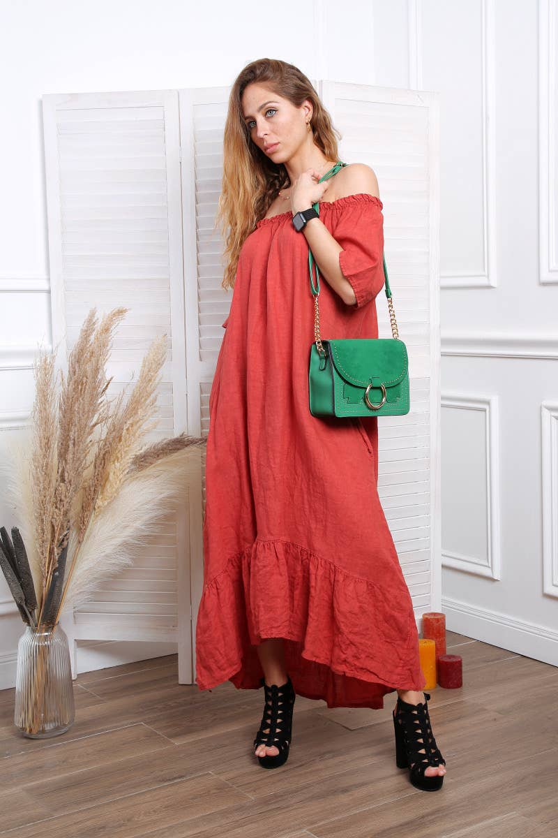 Happy look - Wholesale Dress - Women's - Long Linen Dress with Short Sleeves and Elastic Collar24
