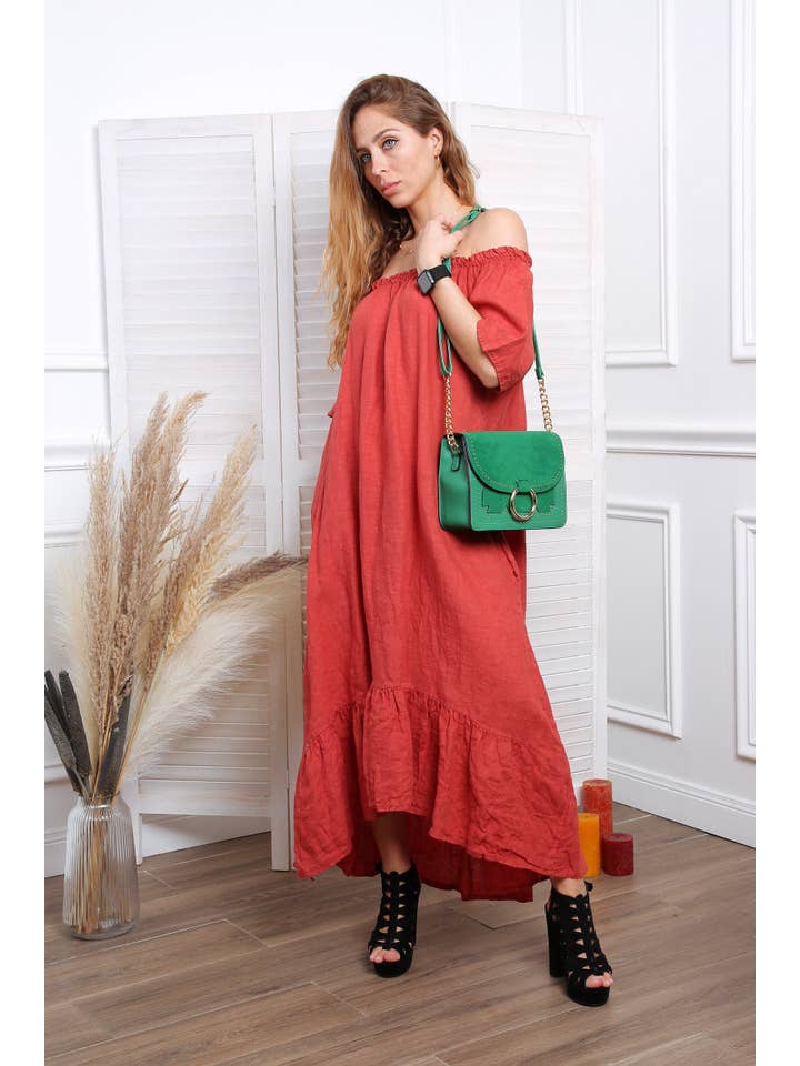 Happy look - Wholesale Dress - Women's - Long Linen Dress with Short Sleeves and Elastic Collar24