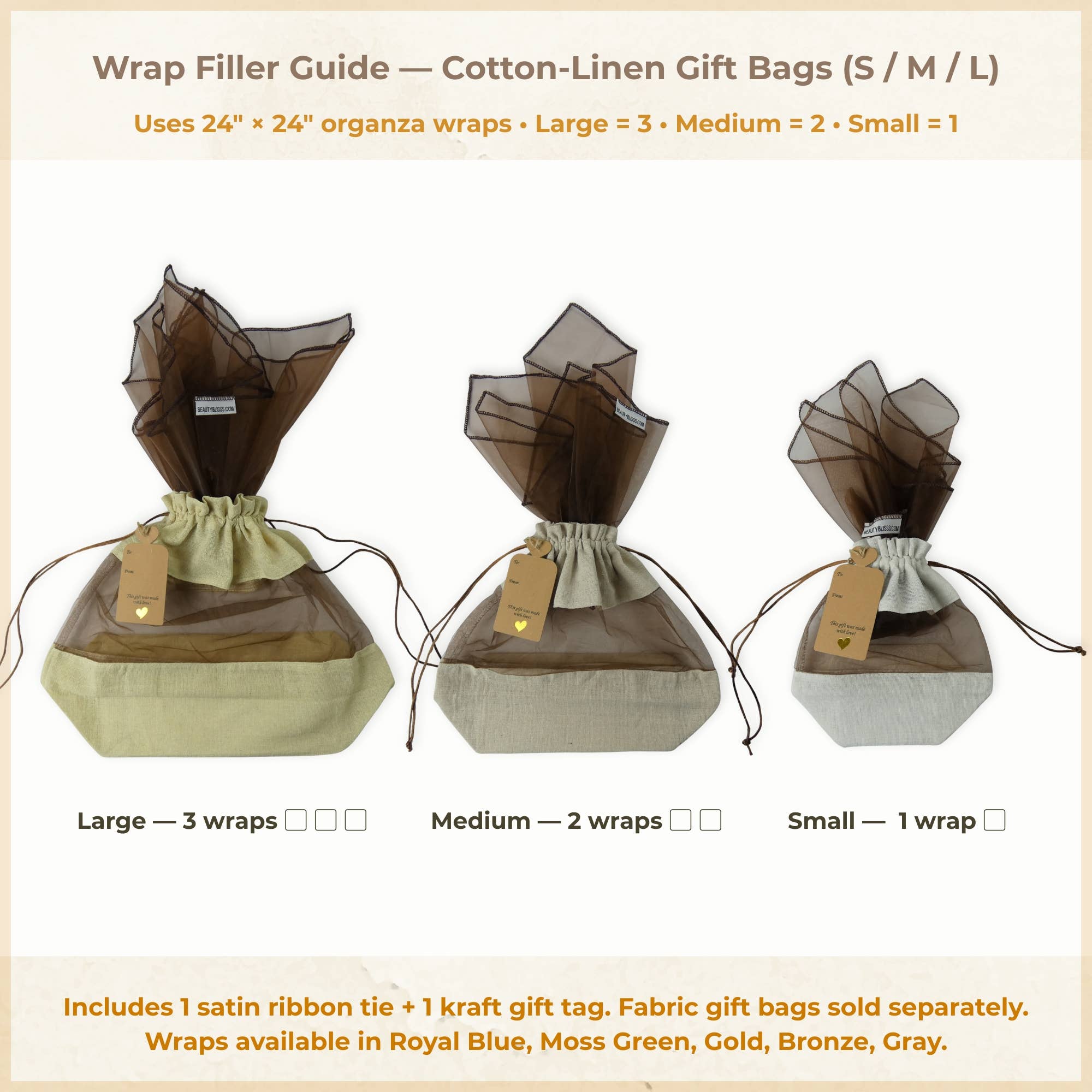 Beauty Blisss - Wholesale Gift Bag Set/Pack - Cotton Linen Gift Bags – Singles & 3-Pc Set (S/M/L)8