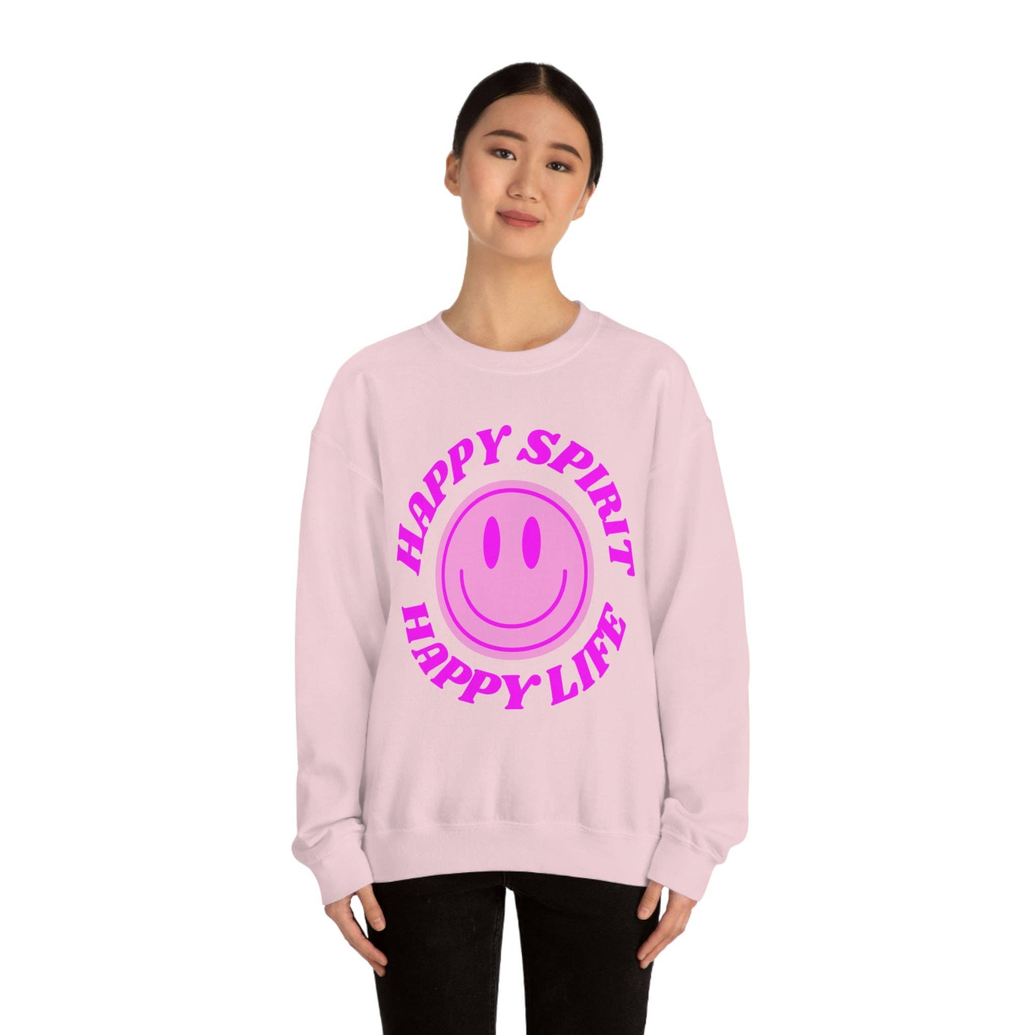 Happy Life Stuff - Wholesale Graphic Sweatshirt - Women's - Happy Spirit Happy Life Sweatshirt, VSCO Girl Crewneck, Oversized Retro Font Graphic Tumblr, Front Print Smile Face Trendy Cover Up26