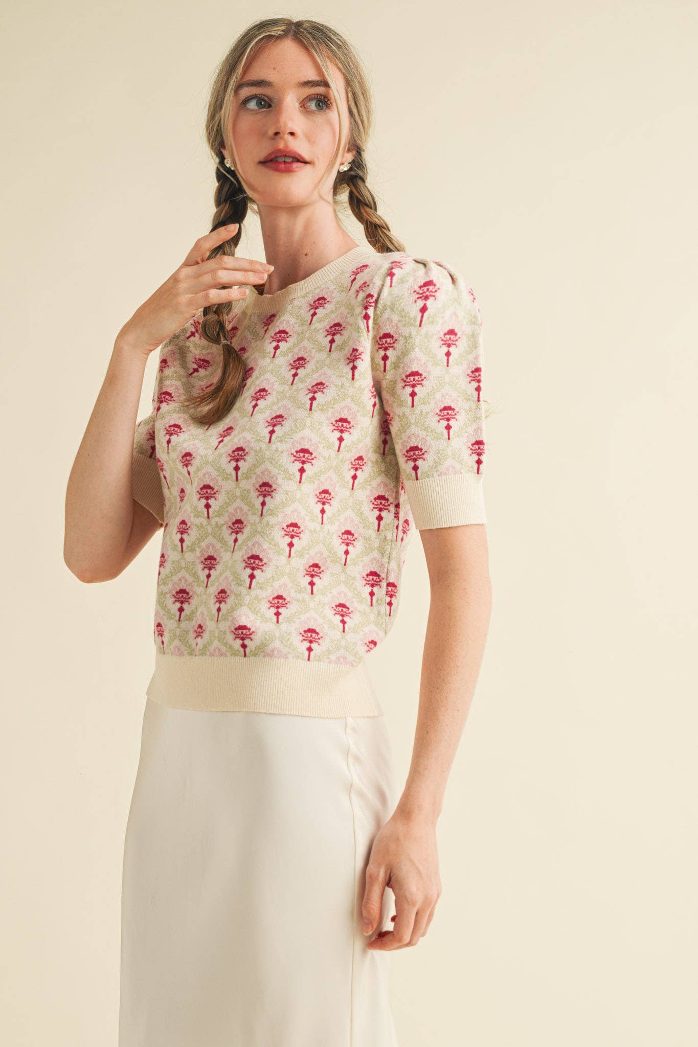 &MERCI - Wholesale Knit Sweater - Women's - FLORAL PATTERN SHORT SLEEVE SWEATER MSW1086031