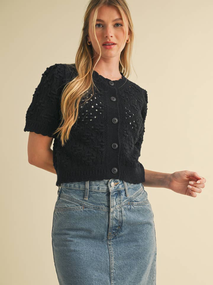 &MERCI - Wholesale Cardigan - Women's - CROPPED POINTELLE BUTTON DOWN SWEATER CARDIGAN MSW1085741