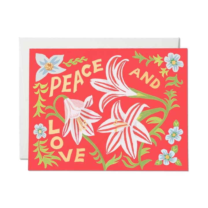 Peace and Love Amaryllis holiday greeting card for wholesale by Red Cap Cards