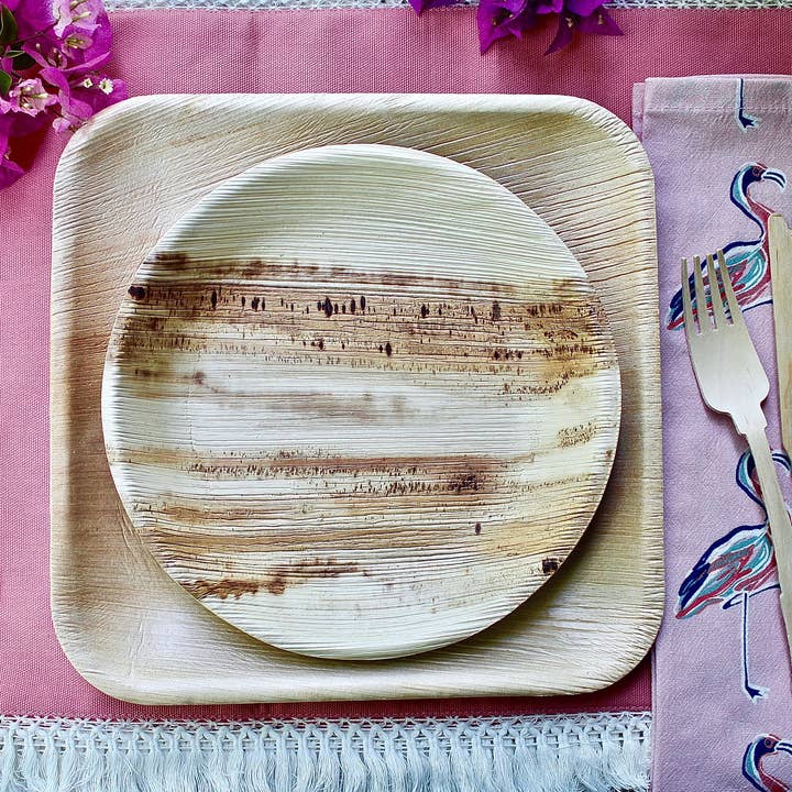 Eco Elegant Table Ware - Wholesale Dinner Plate - palm lef plate 50 pic square - 50 pic round 6" - 150 cutlery3