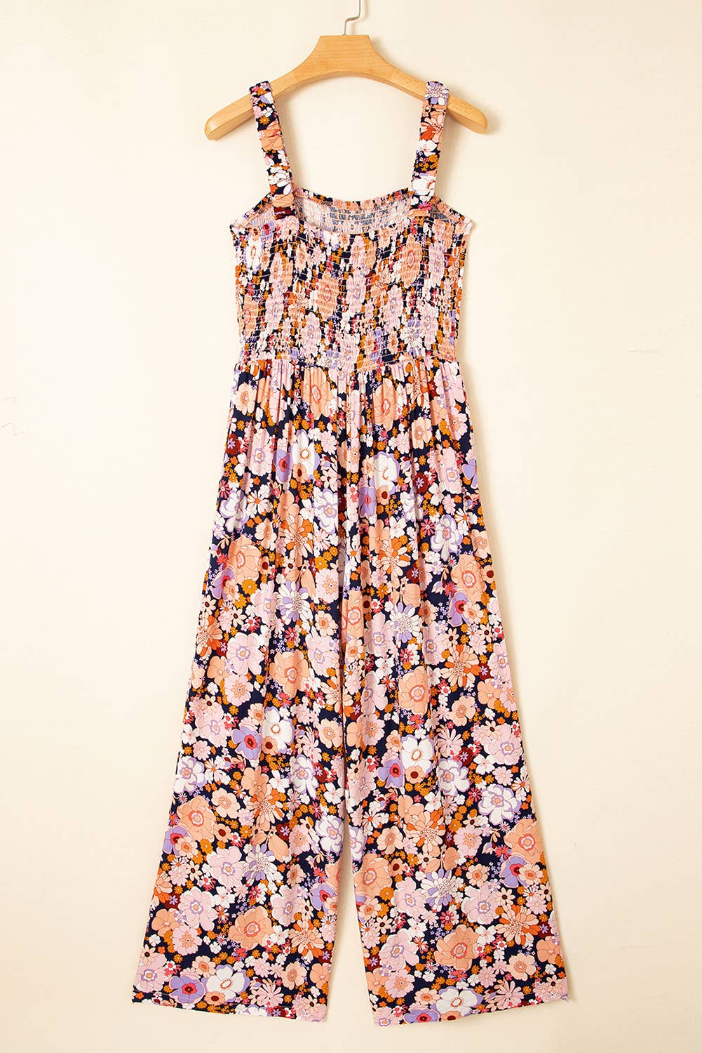 1 the Woman - Wholesale Jumpsuit - Women's - Spring Floral Print Smocked High Waist Square Neck Jumpsuit4