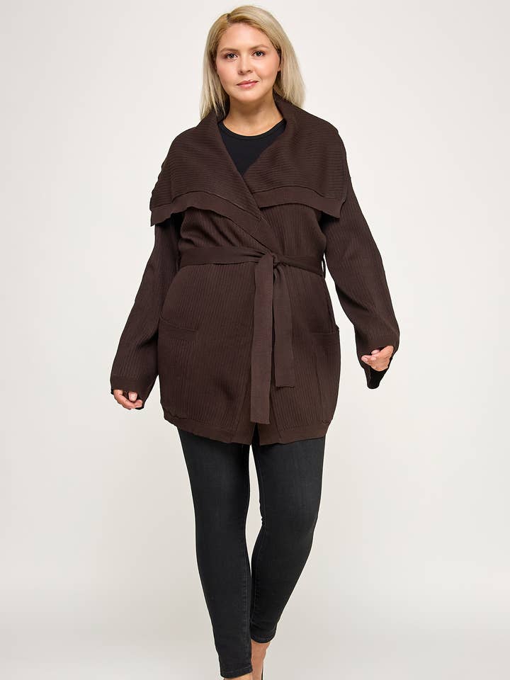 Plus Size Ribbed Wrap Cardigan with Waist Belt CL2720P-SWC for wholesale by Haute Fox Plus Size & Contemporary
