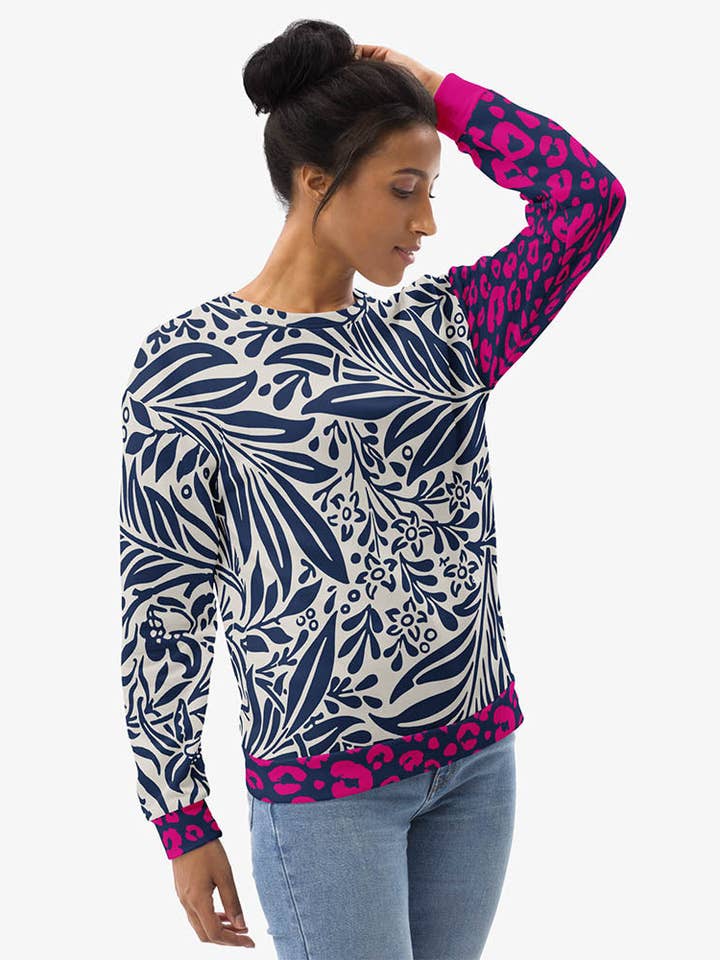 Recycled Fleece Sweatshirt "Palms & Pards" White/Blue/Fuchsia for wholesale by Loony Legs