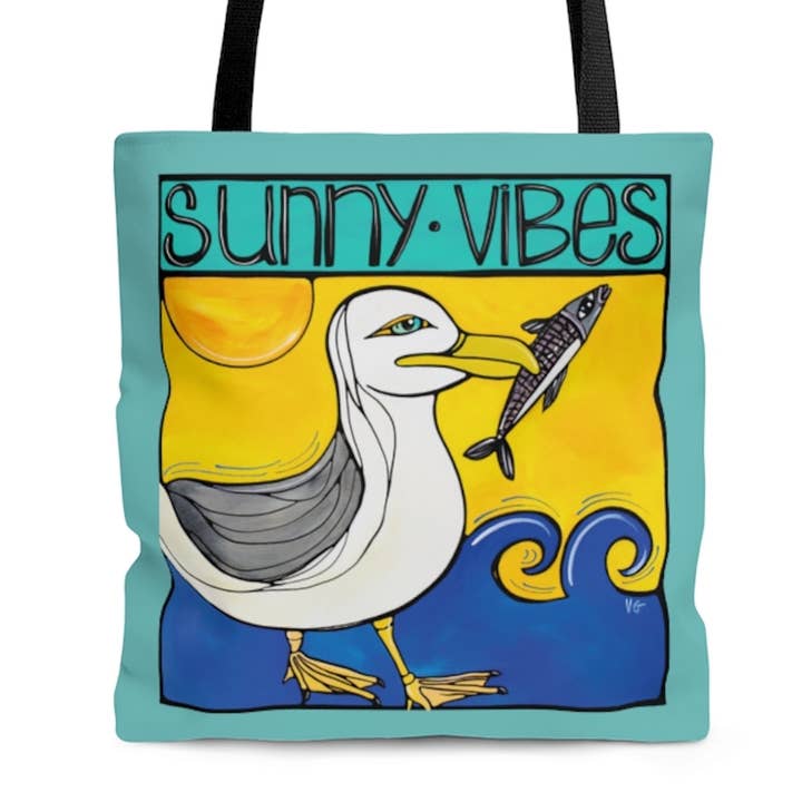 Beach Seagull mulepose. Sunny Vibes Sjov farverig holdbar taske for engroshandel hos Atelier Vero Wholesale