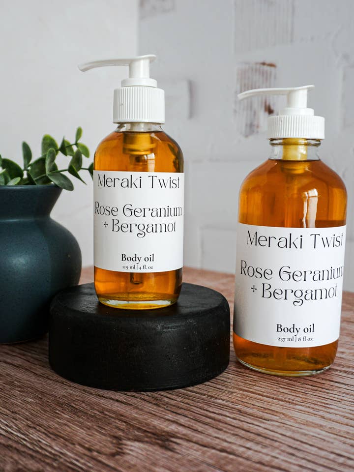 Huile pour le corps Géranium Rosat + Bergamote pour la vente par Meraki Twist