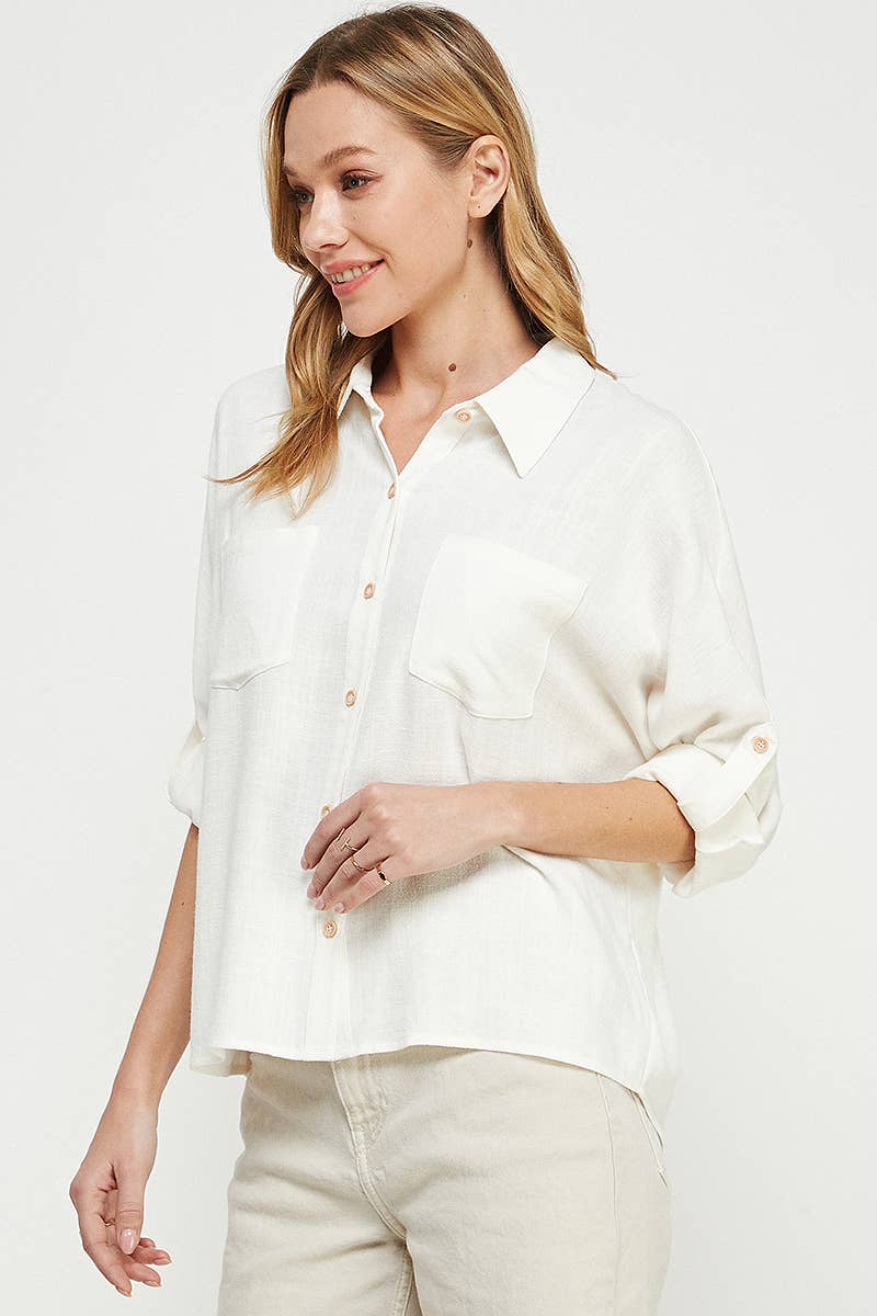 Allie Rose – Engroshandel Skjorte med buttondown – til kvinder – Linned Blend Dolman Knap Front Shirt9