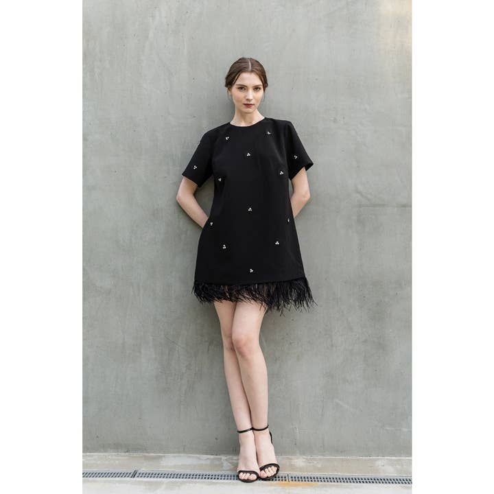 INA - Wholesale Dress - Women's - Short Sleeve Jeweled Feather Hem Mini Dress
