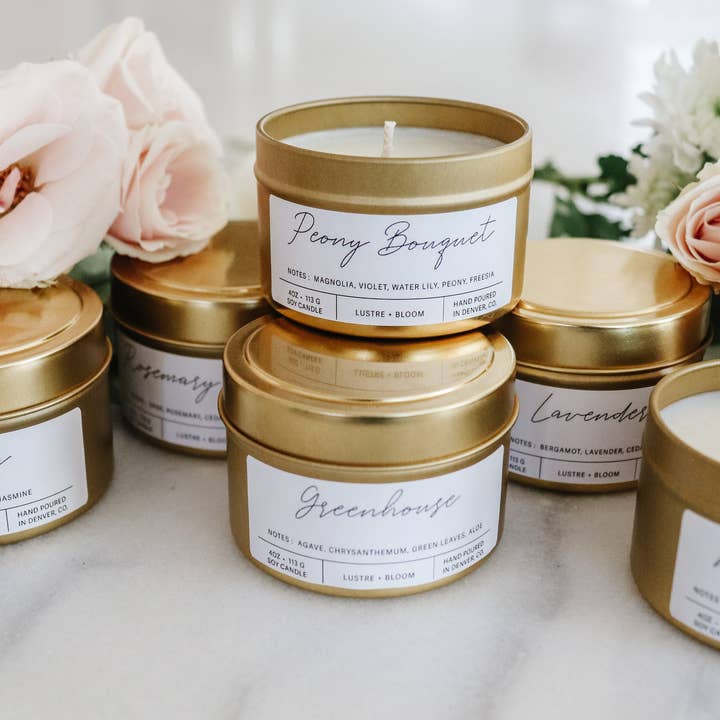 Four Ounce Vanity Tins | Travel Tins | Natural Soy Wax Candle | Hand-Poured Scented Candle | for wholesale by LUSTRE + BLOOM