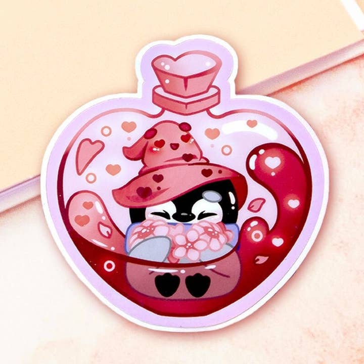 Halloween Love Potion Penguin Glanzende Leuke Sticker 2.5" voor wholesale door BeeluArt