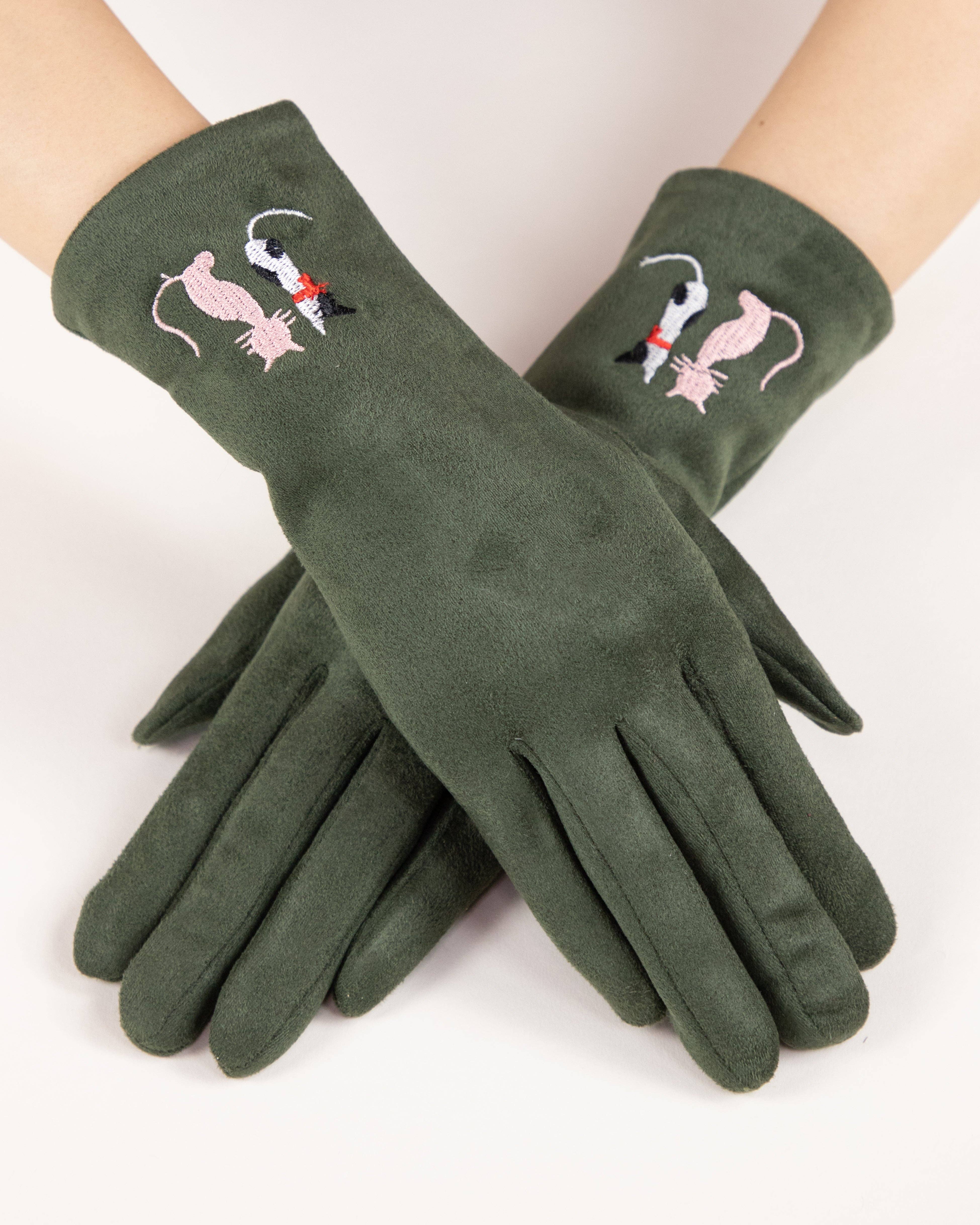 Original USA - Vente Gants – femme - Gants brodés de chat en faux suède (TS)2
