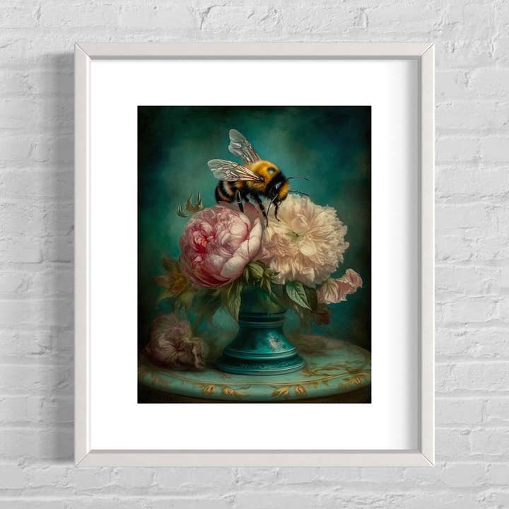 Salty Alyce - Wholesale Art Print - Bee and Pink Peonies Still Life Wall Art RA38