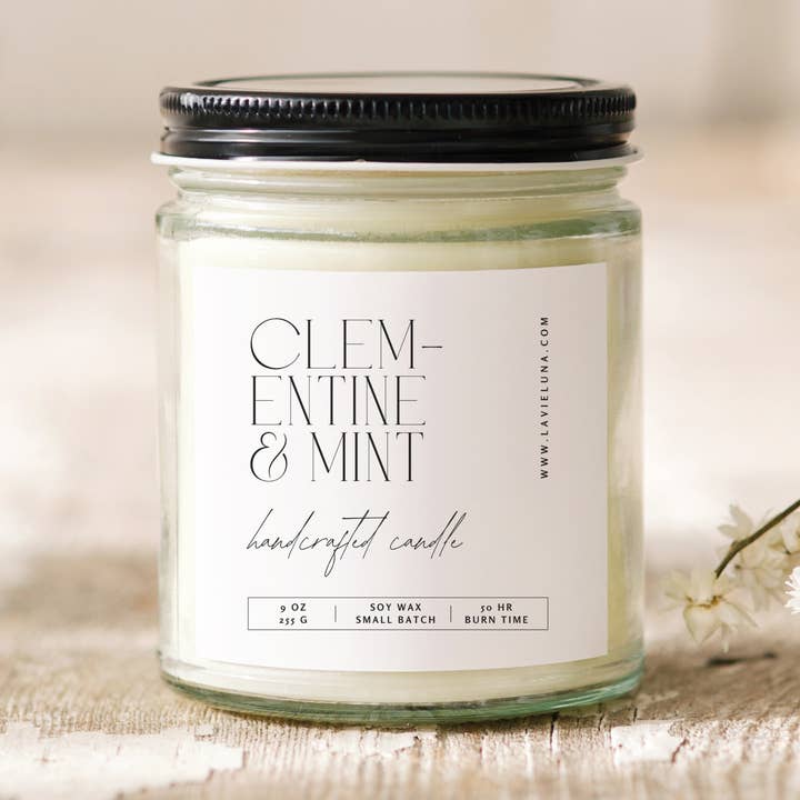 Clementine and Mint Minimal Summer Soy Wax Candle for wholesale by La Vie Luna Apothecary