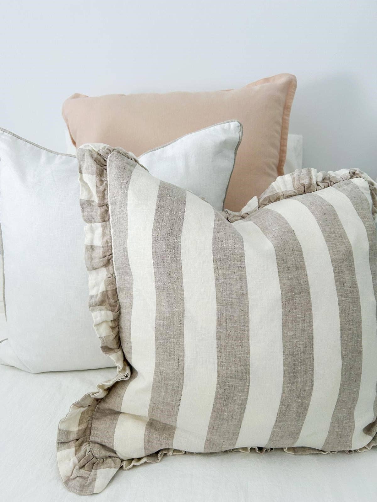 Mama and Tochter - Wholesale Throw pillow cover - Reversible Linen Ruffle Cushion Cover - Natural Wide Stripe - Natural2