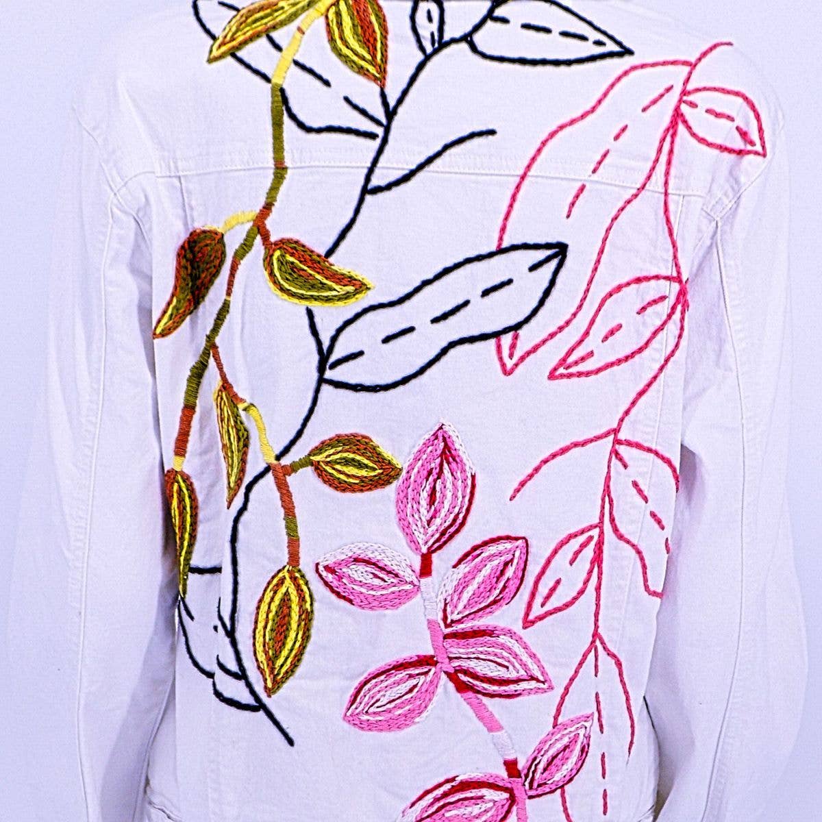 My Little Maria - Vente Veste en jean – femme - Veste en jean blanc brodé à la main - Floral rose et vert6