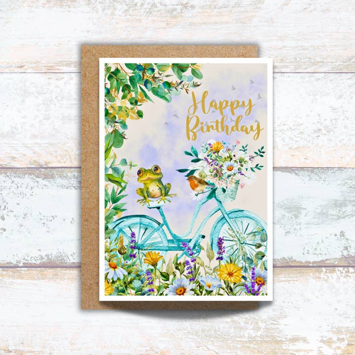 Whimiscal Frog on a Floral Bicycle Watercolor Birthday Card for wholesale by Designs by Michaela