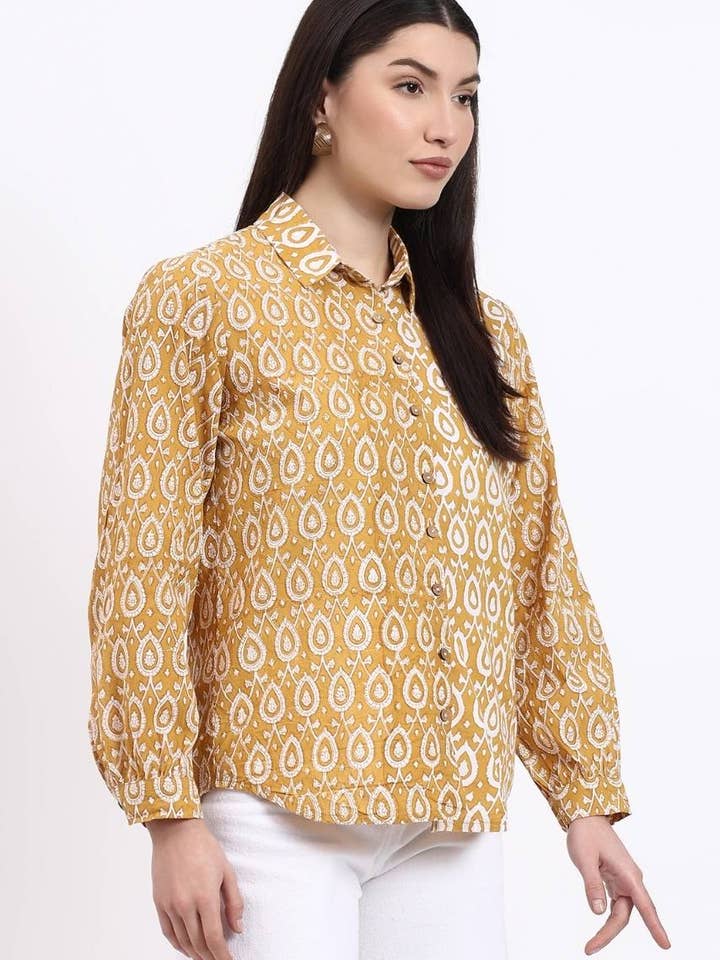 Hi Handmade - Wholesale Button Down Shirt - Women's - Panel Shirt - Mustard