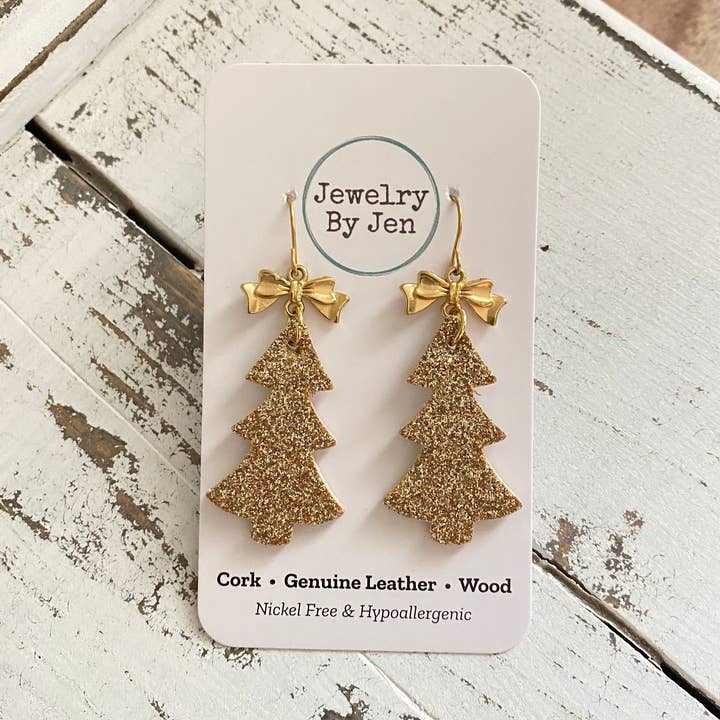 Christmas Tree Earrings: Gold Fine Glitter w/Bow Charm for wholesale by Jewelry By Jen