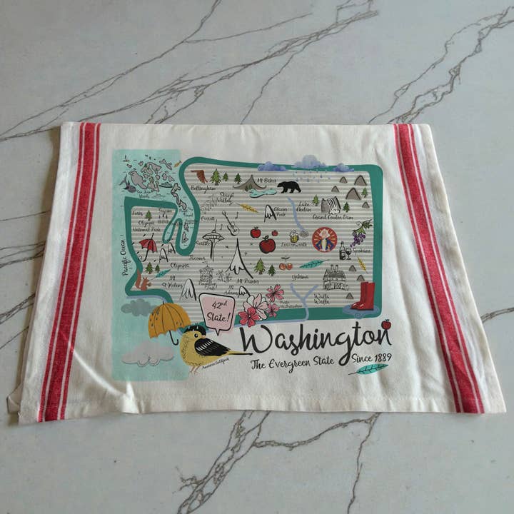 Gestreepte katoenen theedoek met geïllustreerde kaart van Washington voor wholesale door Gooseberry Designs