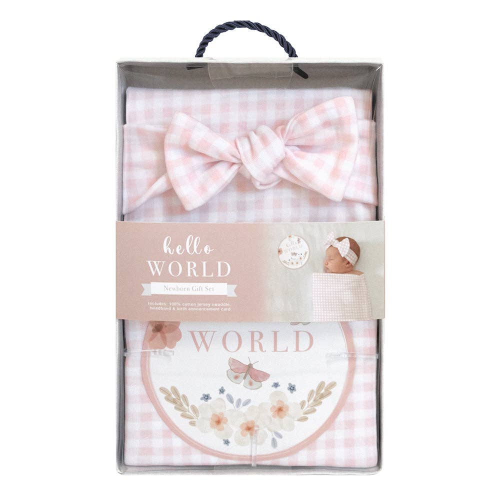 Living Textiles - Wholesale New Mom Gift Box/Set - Hello World Gift Set - Pink Gingham3