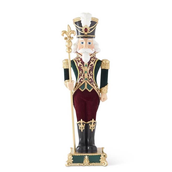 RC Home Decor – wholesale Holiday nutcracker – 35.25" Green & Burgundy Velvet Nutcracker Soldier with Staff – Grand Christmas Figurine