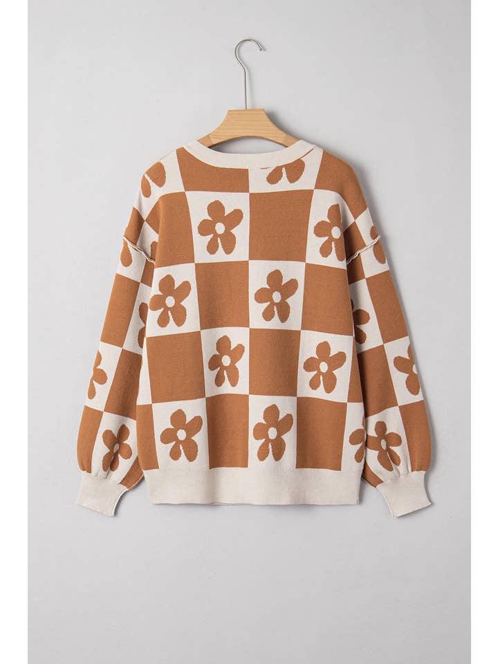 PartyEight - Wholesale Knit Sweater - Women's - Flower Plaid Henley Baggy Sweater1