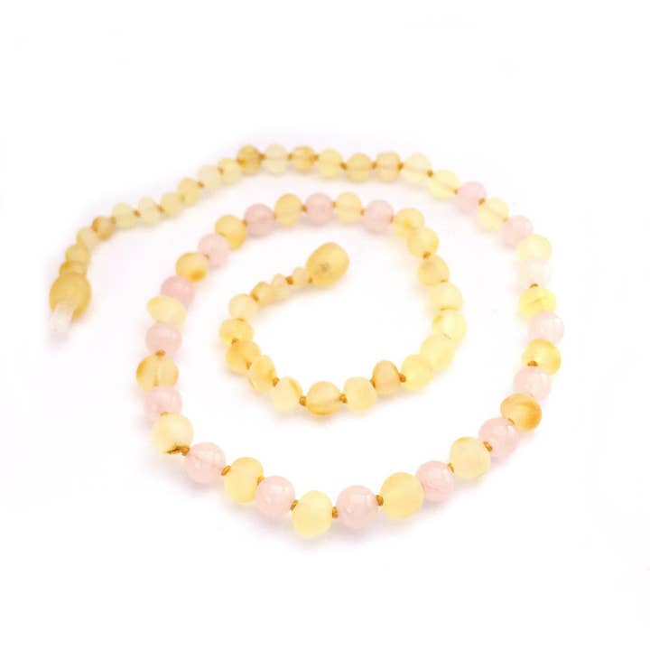 Amber & Gemstone Necklaces - Adult - Raw Lemon & Rose Quartz for wholesale by Momma Goose Products, Ltd.