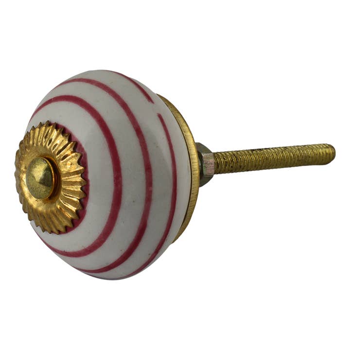 Shabby chic white and red striped ceramic furniture knob for wholesale by Tribal Trade GmbH