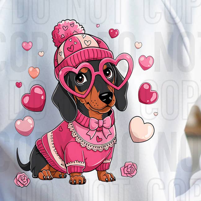 Transfert DTF Chien Teckel de la Saint-Valentin pour la vente par K and M Designs